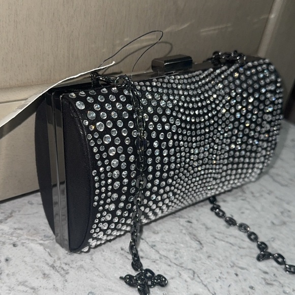 INC International Concepts Handbags - I.N.C Embellished Black Rhinestone Crystal Purse Clutch Gunmetal Dressy Bag NEW